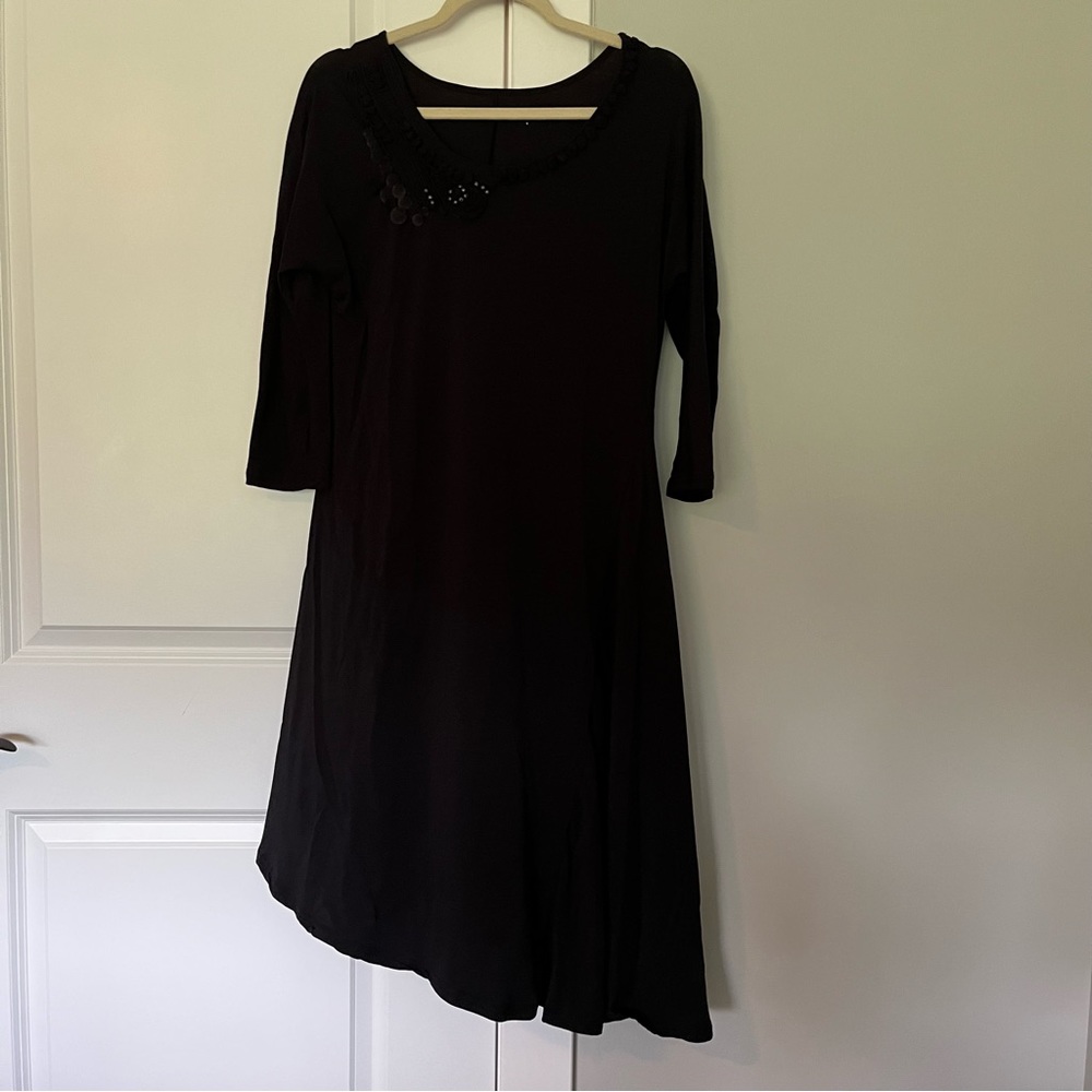 Garnet Hill Black Asymmetrical Cotton Blend Dress Long Sleeves Small